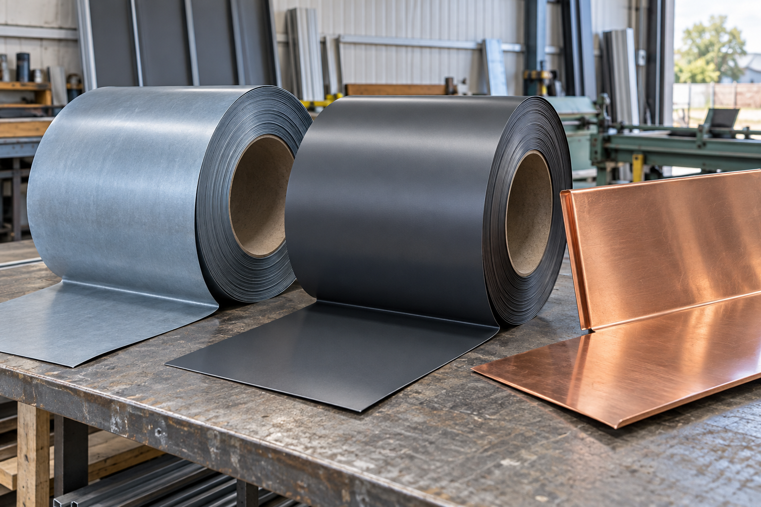 Metal roofing coils and copper sheets in a workshop